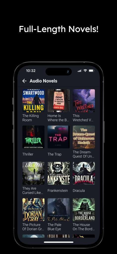 Chilling: Horror Movies & More - A mobile screen showing a selection of full length horror audio novels on the Chilling app