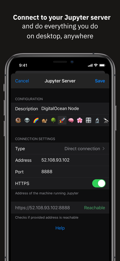 Juno Connect: Jupyter Client - Juno Connect interface for configuring a remote Jupyter server connection on iPhone