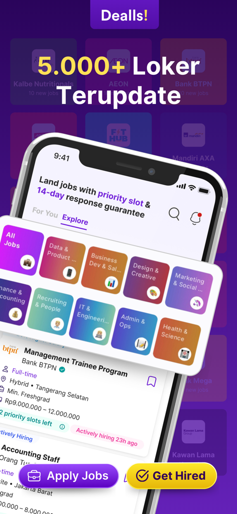 Dealls Jobs: Loker & Konsul CV - Dealls Jobs app interface displaying job categories like Data Product and Design Creative and a management trainee listing with transparent salary info