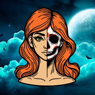 bust of a woman, half face and hair, half skull