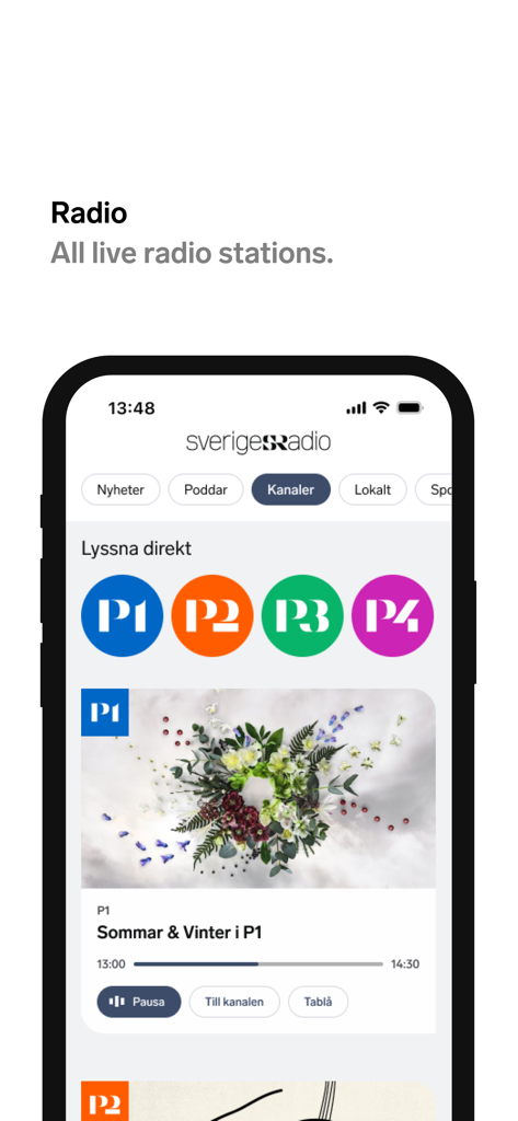 Sveriges Radio - Sveriges Radio app interface displaying live Swedish radio channels P1 P2 P3 and P4