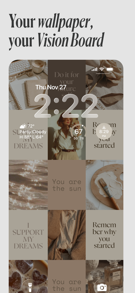 Vision Board Maker | Manifest - Pantalla de bloqueo de iPhone con un fondo de pantalla estético personalizado de tablero de visión con citas de manifestación