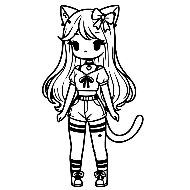 girl with cat ears and a cat tail wearing a crop top and shorts