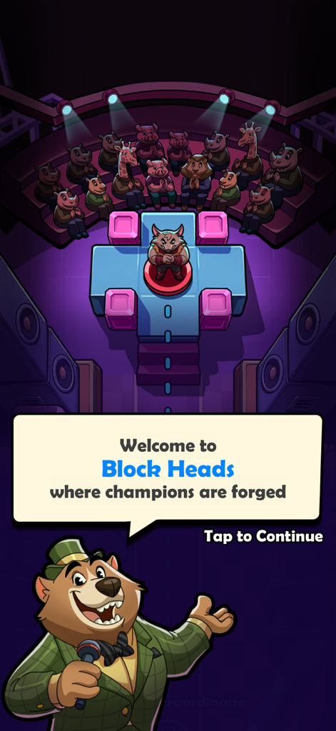 Block Heads: Duel puzzle games - Un presentador oso con traje da la bienvenida a los jugadores a la arena de duelos de Block Heads con espectadores animales en las gradas