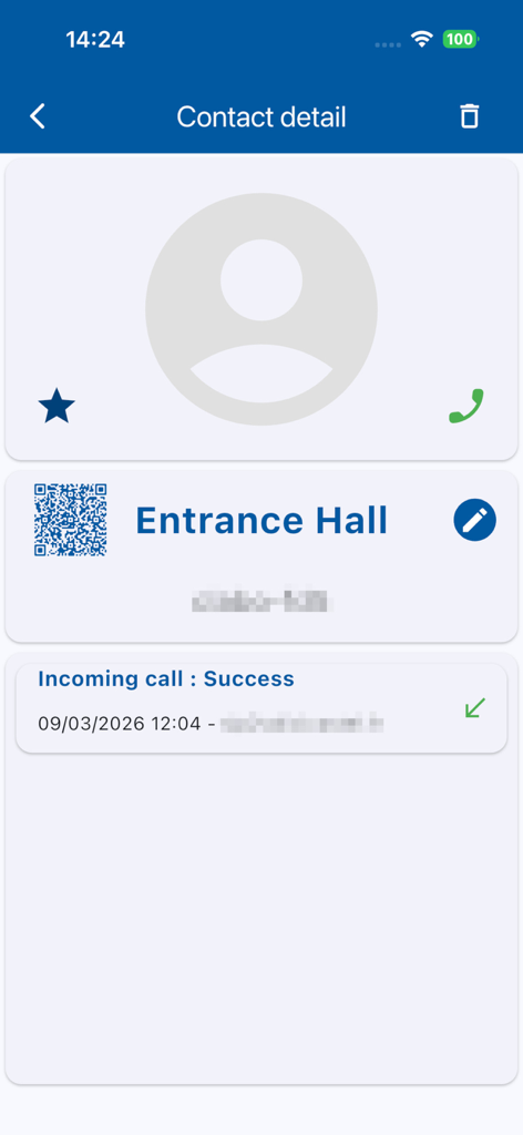 Castel SIP - Page de détail du contact de l'application Castel SIP pour le poste d'interphone du hall d'entrée