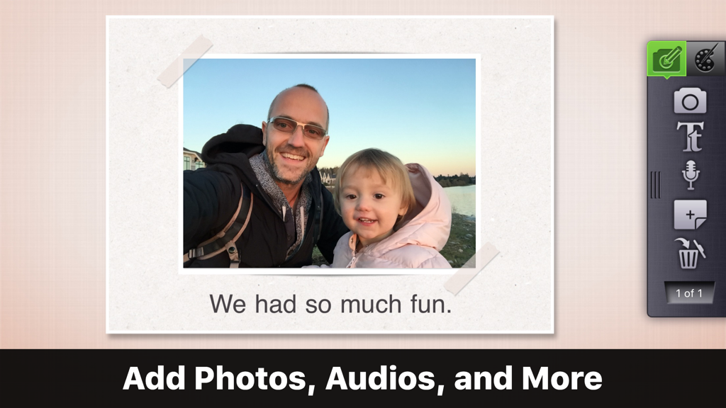 Interfaccia dell'app Story Creator che mostra una foto di un padre e un bambino con opzioni per aggiungere testo e audio