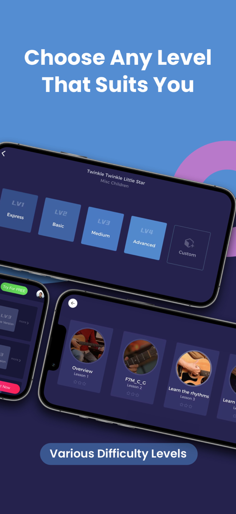 OKMusician: Guitar & Ukulele - Screenshot of OKMusician app showing various difficulty levels from express to advanced for a guitar song lesson