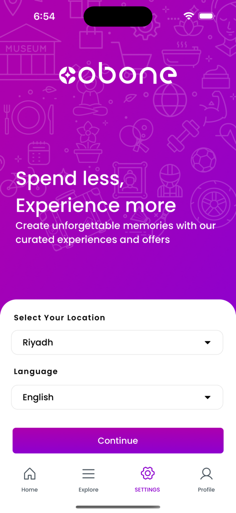 Cobone - Deals & Coupons - Cobone app settings screen for selecting location and language