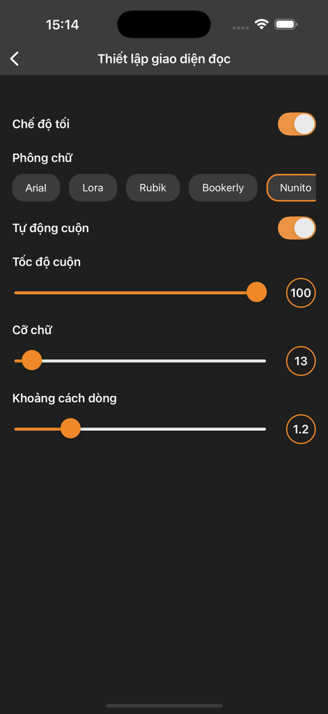 Webnovel.vn – Truyện & Sách - Interfaz de personalización de lectura de la aplicación Webnovel.vn con opciones de modo oscuro y fuente.