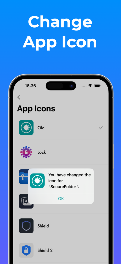 A mobile interface showing different icon options to customize and disguise the Secure Folder photo vault app.