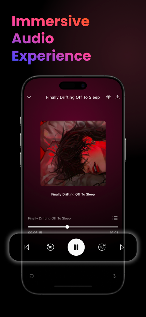 LucidFM app showing a romantic audio player with immersive story artwork and playback controls.