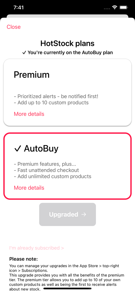 Interface showing HotStock Premium and AutoBuy subscription tiers with prioritized alerts and unattended checkout features