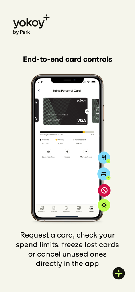 Yokoy - Yokoy mobile app interface showing end-to-end corporate card controls and spending limits.
