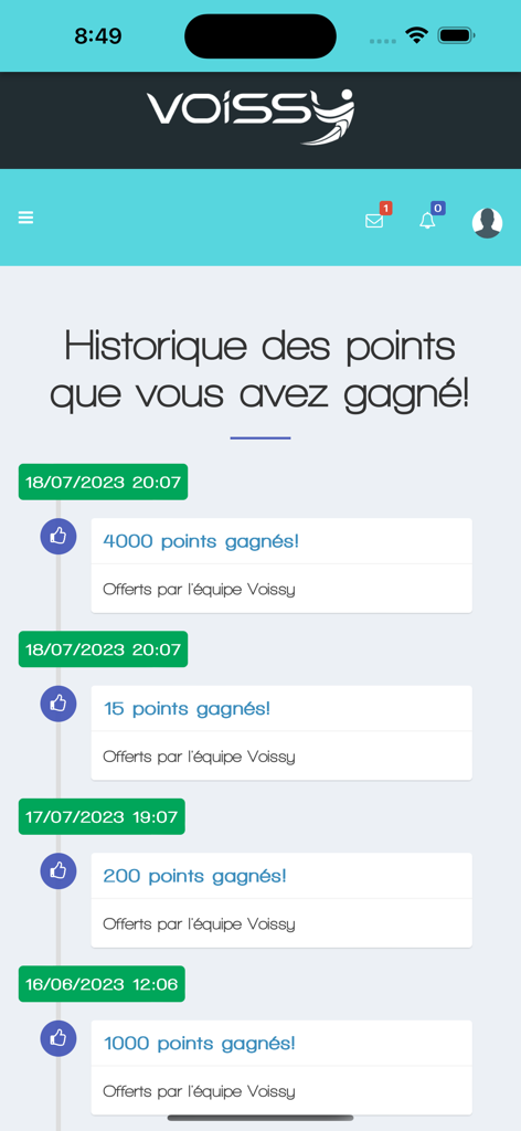 Une liste montrant l'historique des points gagnés dans l'application mobile Voissy.