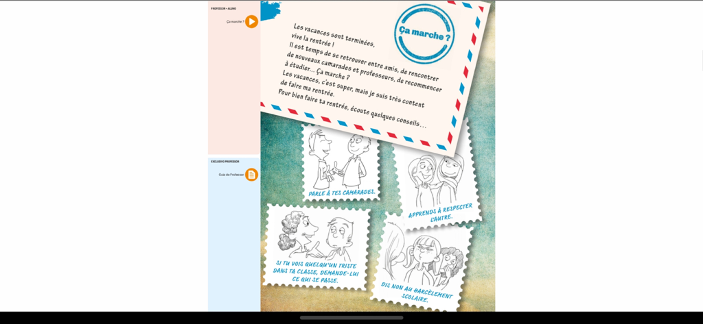 Page de manuel numérique avec des leçons interactives de français et des illustrations de conseils sociaux dans l'application EV Smart Book