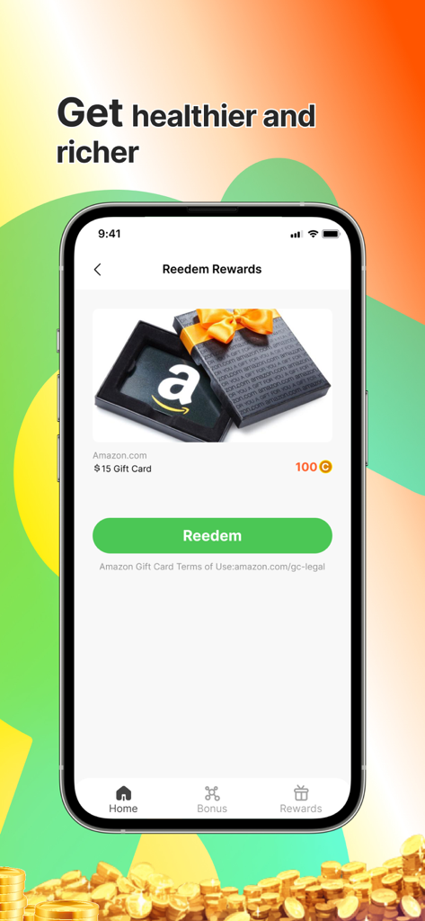 WalkTask-Walking Step Counter - 歩数に対してAmazonギフトカードの報酬を示すモバイルアプリ画面
