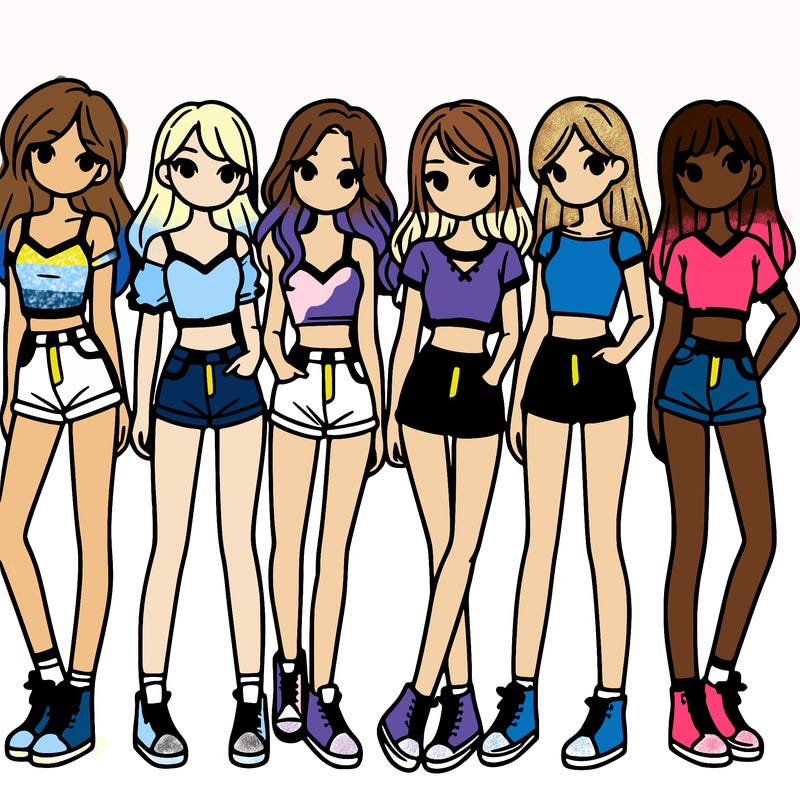 a group of girls wearing crop tops and shorts