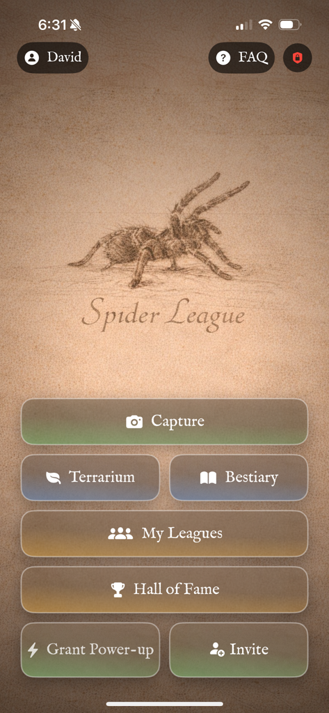 Spider League: Arena - Home screen of the Spider League Arena app showing a spider sketch and menu options like Capture Terrarium and My Leagues