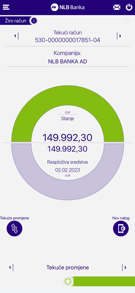 Panel de la aplicación móvil NLB ProKlik Crna Gora mostrando el saldo actual de la cuenta y los fondos disponibles en Euros.