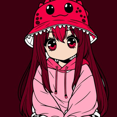 girl with anime shaped eyes with a dinosaur bucket hat oversized sweatshirt long straight hair