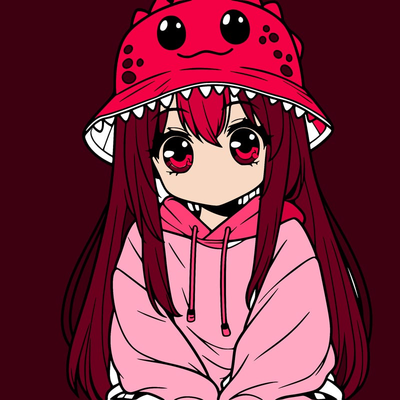 girl with anime shaped eyes with a dinosaur bucket hat oversized sweatshirt long straight hair