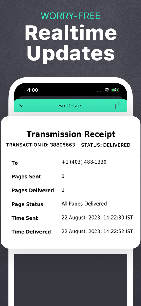 Fax app transmission receipt screen showing a successfully delivered document status