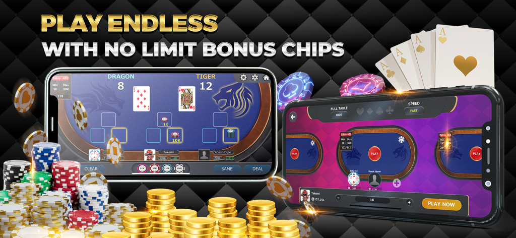 Dragon Tiger Online Casino - Jugabilidad móvil de Dragon Tiger Online Casino mostrando apuestas de cartas y fichas de bonificación.