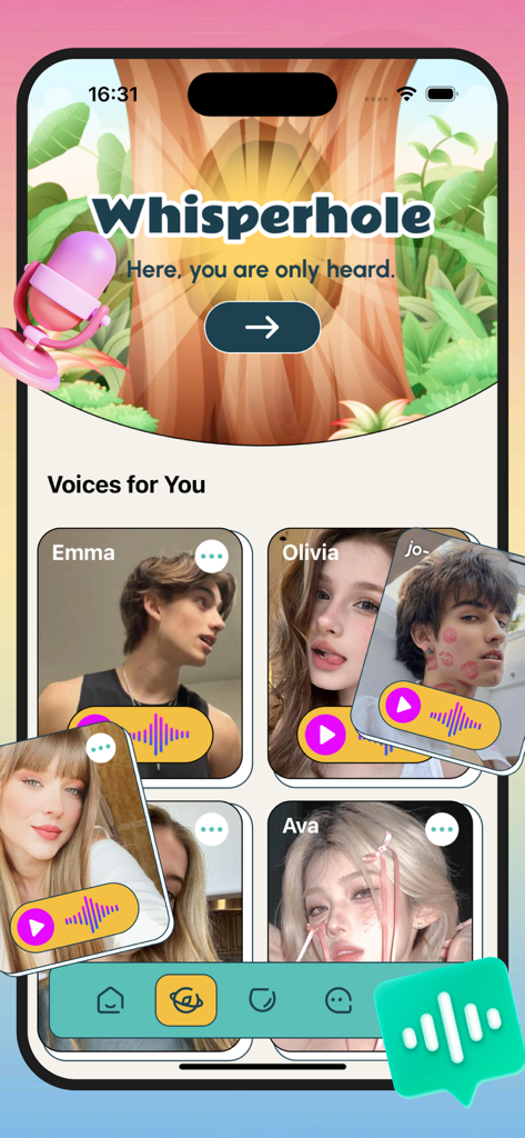 Joliy - Adult & Online Chat - Joliy app interface showing the Whisperhole voice message feed with various user profiles.