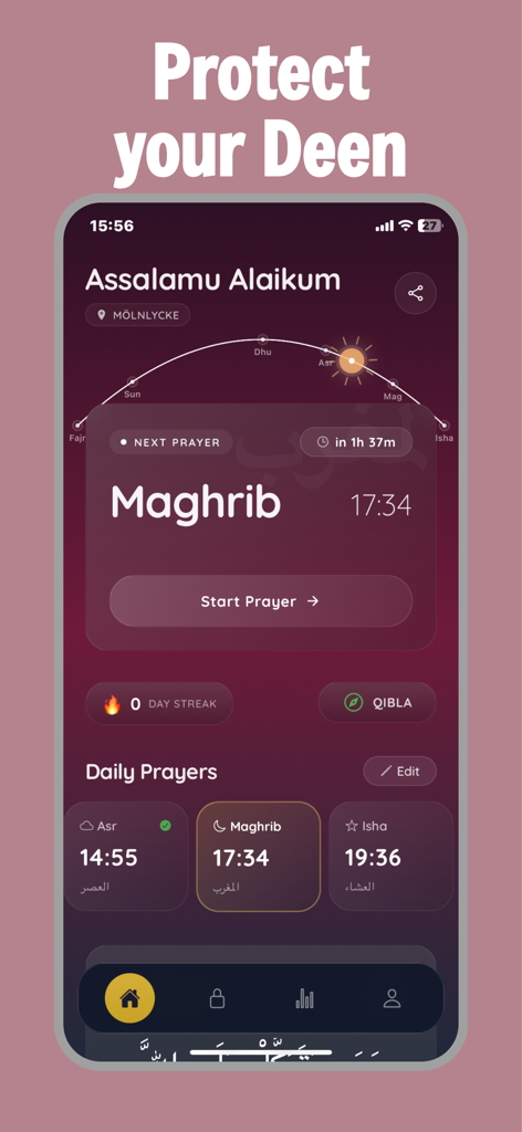 Salah Lock app dashboard displaying Islamic prayer times and a countdown to Maghrib