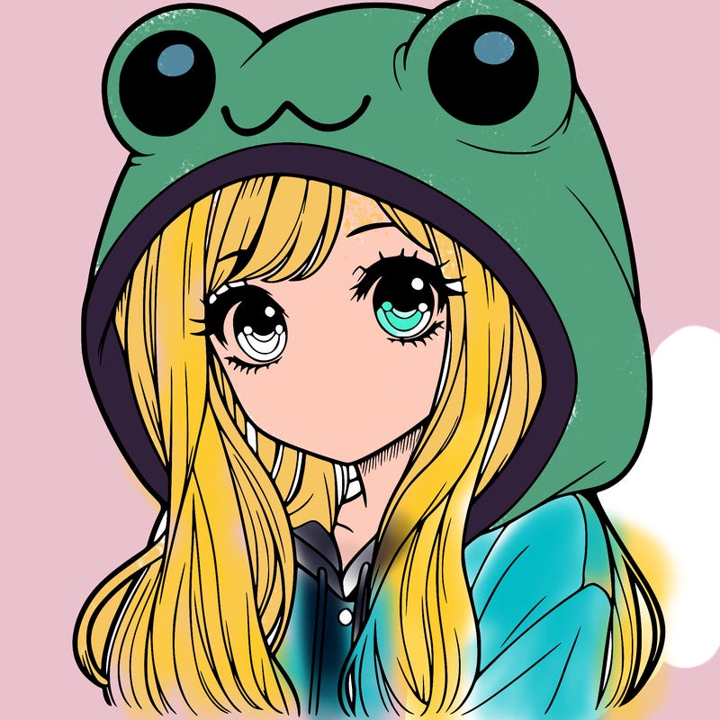 a pretty girl wearing a frog hoodie portrait with long hair
