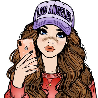 realistic beautiful girl wearing los ángeles cap holding an iphone