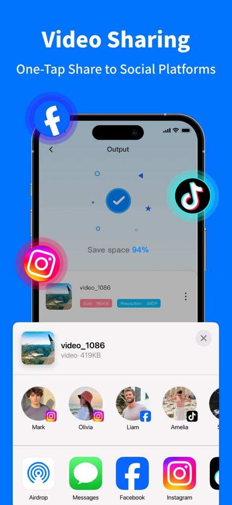 Video Compressor - Compress . - A mobile app interface displaying the one-tap sharing feature for compressed videos to social platforms like TikTok, Instagram, and Facebook.