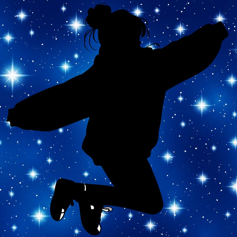 realistic girl jumping with a bun and oversized sweatshirt