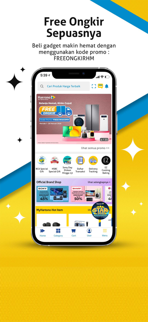 Page d'accueil de l'application MyHartono affichant des produits électroniques et une bannière promotionnelle pour la livraison gratuite