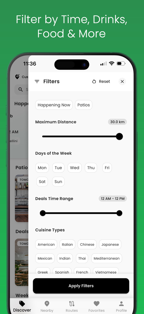 Schermata mobile che mostra filtri di ricerca per offerte happy hour, inclusi distanza, orario e tipi di cucina