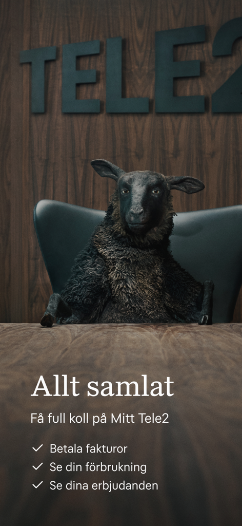 Mascota de oveja negra en la pantalla de bienvenida de la app Mitt Tele2 destacando funciones de autoservicio