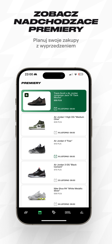 Grailz – Sneakers i Streetwear - Interfaz de la aplicación Grailz que muestra un calendario de próximos lanzamientos de sneakers con fechas de lanzamiento de Nike y Air Jordan.