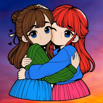 two girls hugging realistic