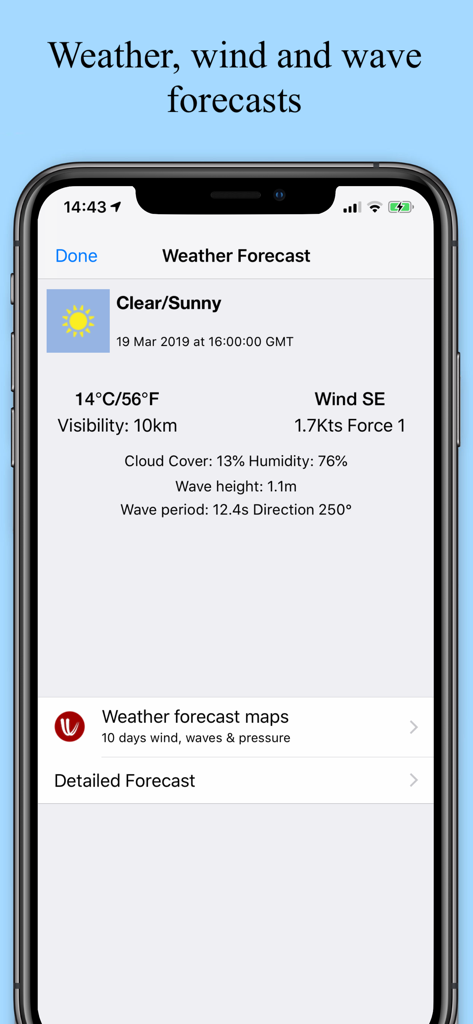 Prévisions météorologiques marines sur l'application SeaNav US montrant les données de vent, de vagues et de visibilité