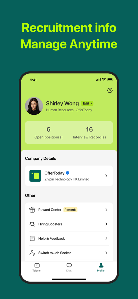 Recruiter profile screen in the OfferToday app showing job postings and interview records