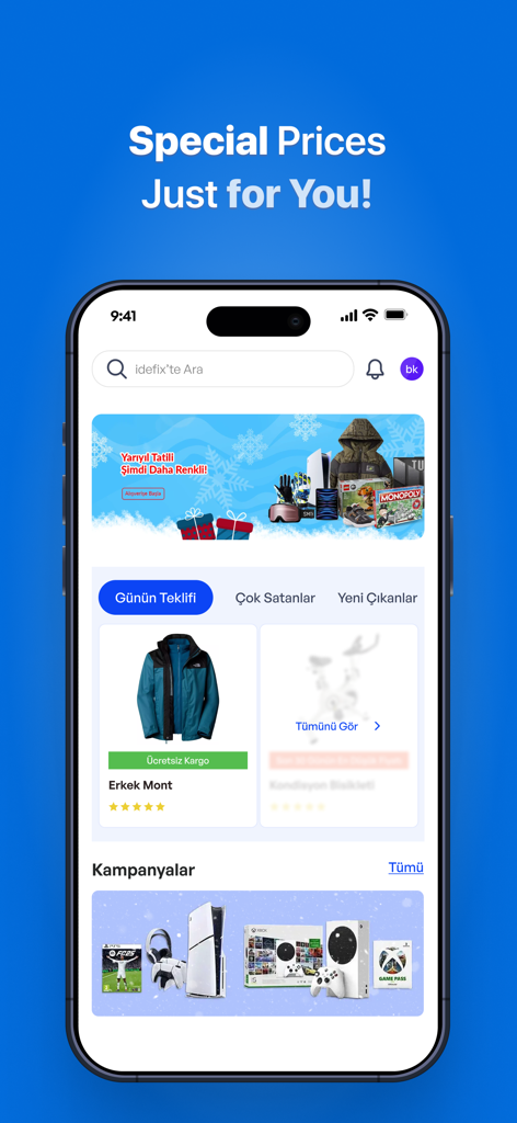 Home screen of the idefix shopping app featuring special prices on electronics and apparel.