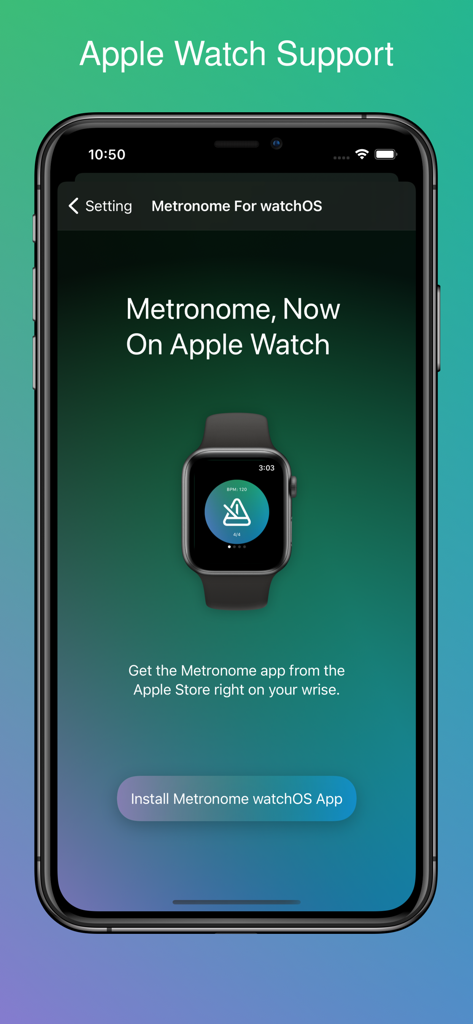 Metronome - Metronome Pro - iPhoneに表示されたMetronome Proアプリのスクリーンショットで、インストールボタン付きのApple Watchバージョンが宣伝されている
