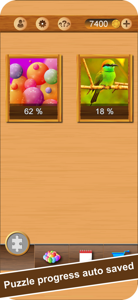 Amazing Jigsaw - Brain Puzzles - Screenshot of Amazing Jigsaw showing saved puzzle progress and a notification that progress is auto saved