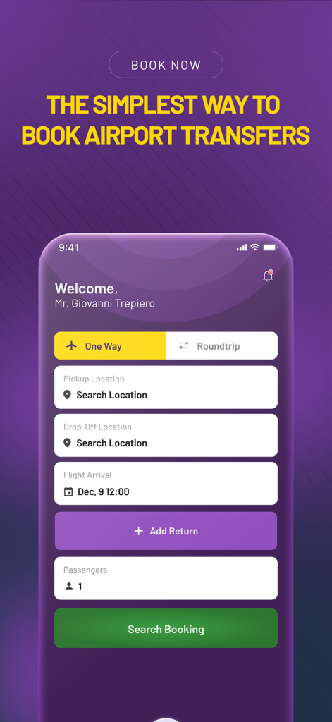 AirportTransfer.com - ピックアップと到着の詳細を備えたプライベート空港送迎予約のためのモバイルアプリインターフェース