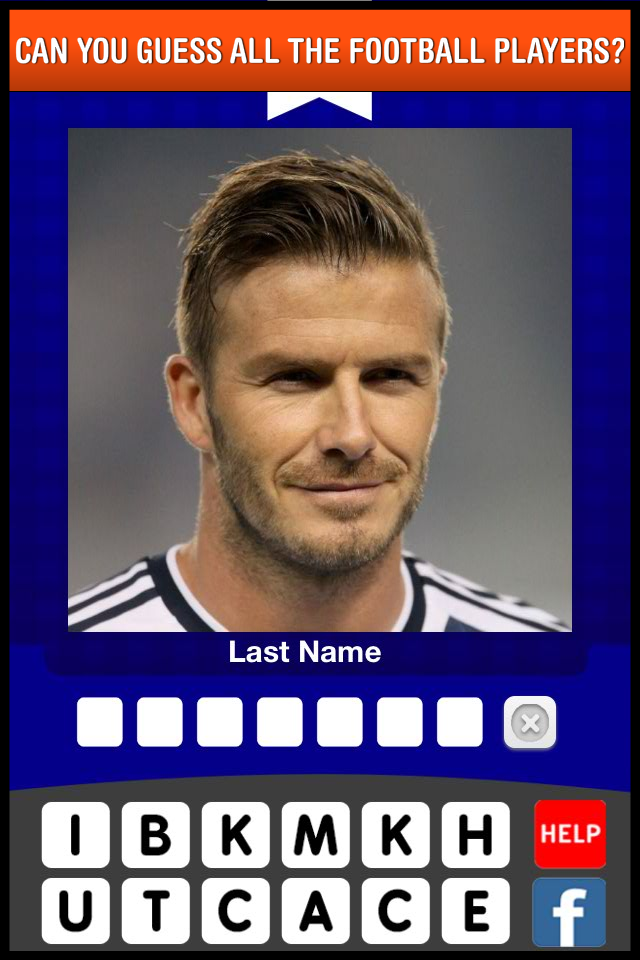 Football player logo team quiz game: guess who's the top new real fame soccer star face pic - Soccer player quiz game interface with David Beckham photo
