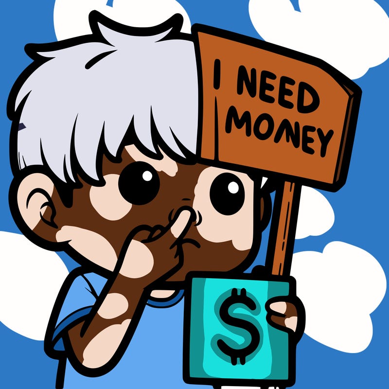 a boy picking there nose and holding a sign saying i need more money
