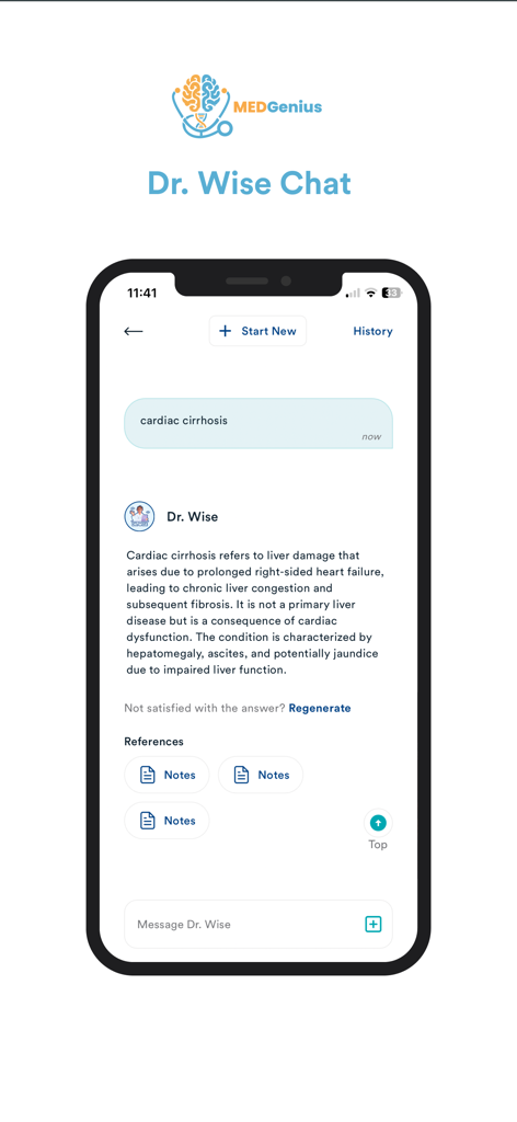 MedGenius: Powered by Dr Wise - Interfaz de chat de IA Dr. Wise en la aplicación MedGenius proporcionando una explicación clínica detallada de la cirrosis cardíaca con notas de referencia.