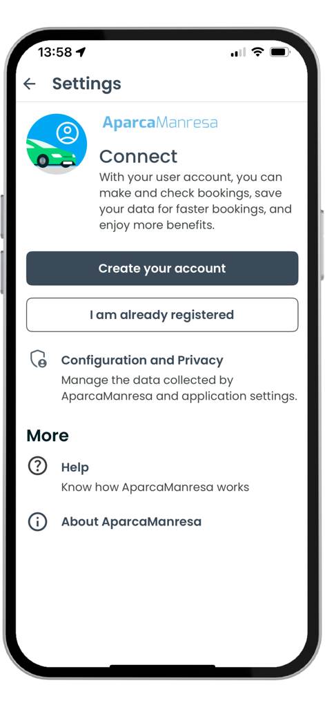 Aparca Manresa - Settings screen of the Aparca Manresa parking app showing options to create an account, manage privacy, and access help.