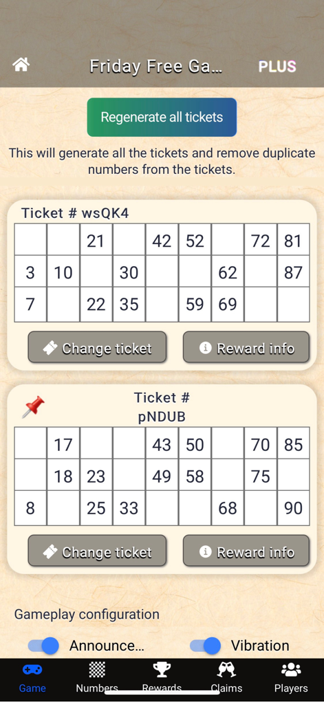 Party Tambola Daily Live Games - A mobile interface showing two digital Tambola tickets with options to regenerate and configure game settings