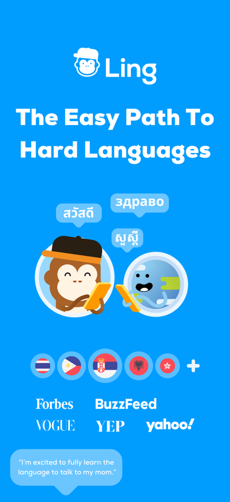 Ling app promotional screen featuring the slogan The Easy Path To Hard Languages with characters and diverse language flags